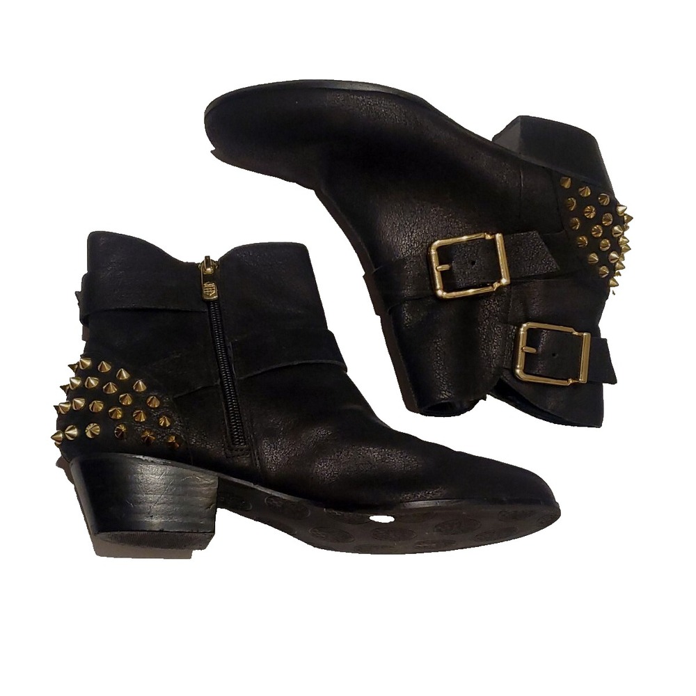 Vince Camuto Womens 7 Black Leather Ankle Boot Biker Moto Gold Spikes Goth Rock